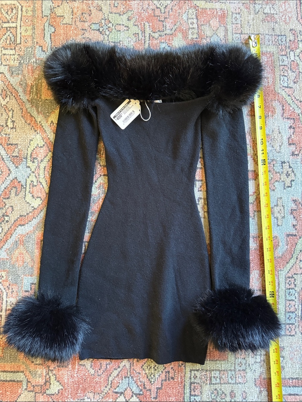 Off-Shoulder Black Mini Dress with Faux Fur Trim